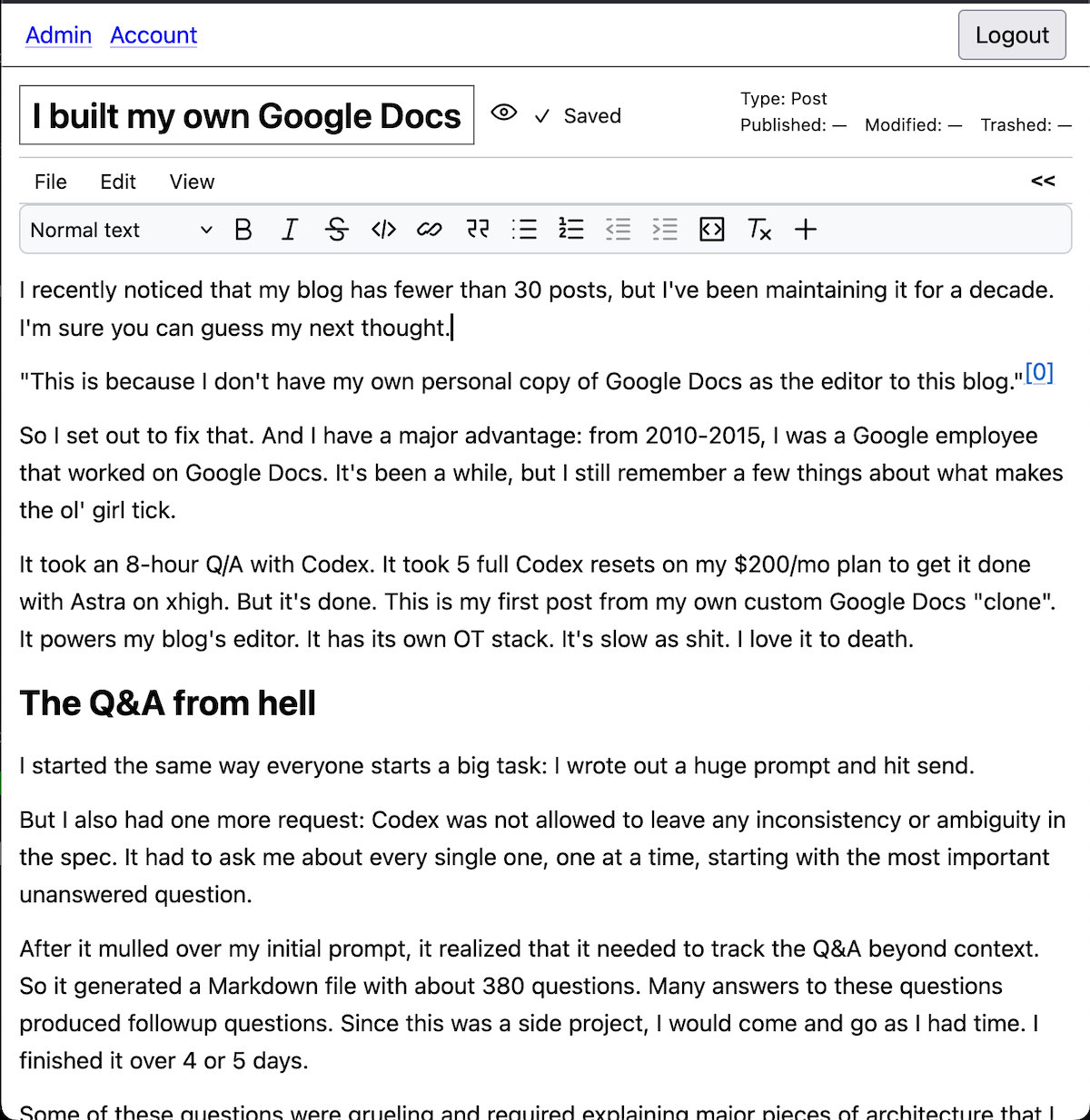 A screenshot of an earlier draft of this post, being edited within the new blog editor